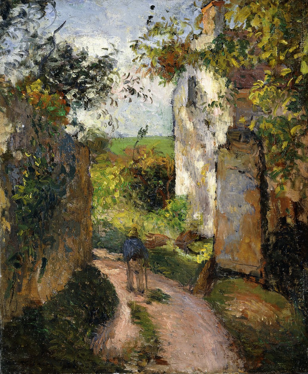Bonde på en gränd vid ett hus, Pontoise; Bonde i en gränd vid Hermitage, Pontoise, 1876 av Camille Jacob Pissarro
