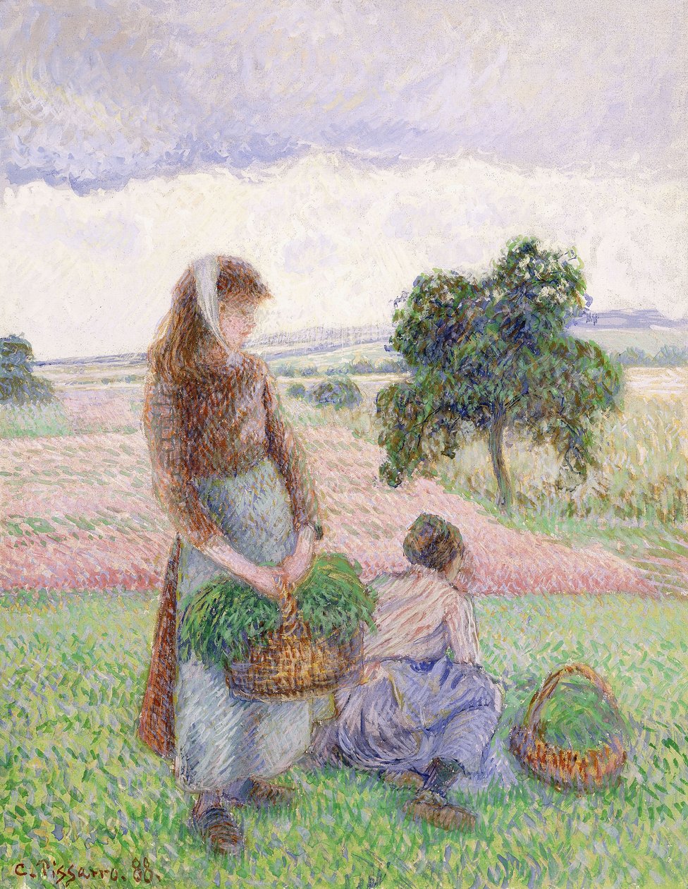 Bönder som bär gymnastikskor; Bondekvinna som bär en korg, 1888 av Camille Jacob Pissarro