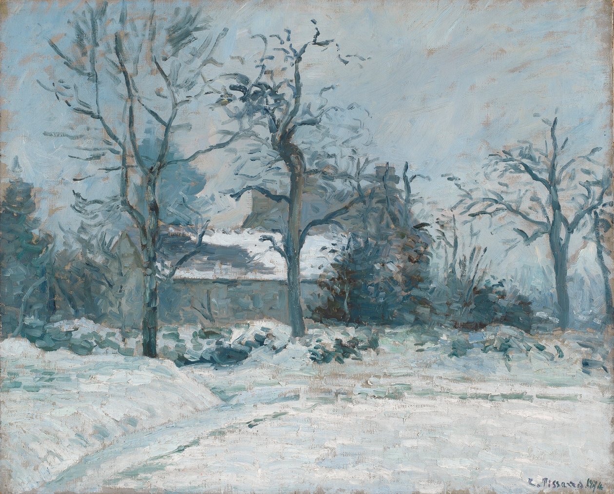 Piettes hus ved Montfoucault, Sneeffekt, 1874 swed av Camille Jacob Pissarro