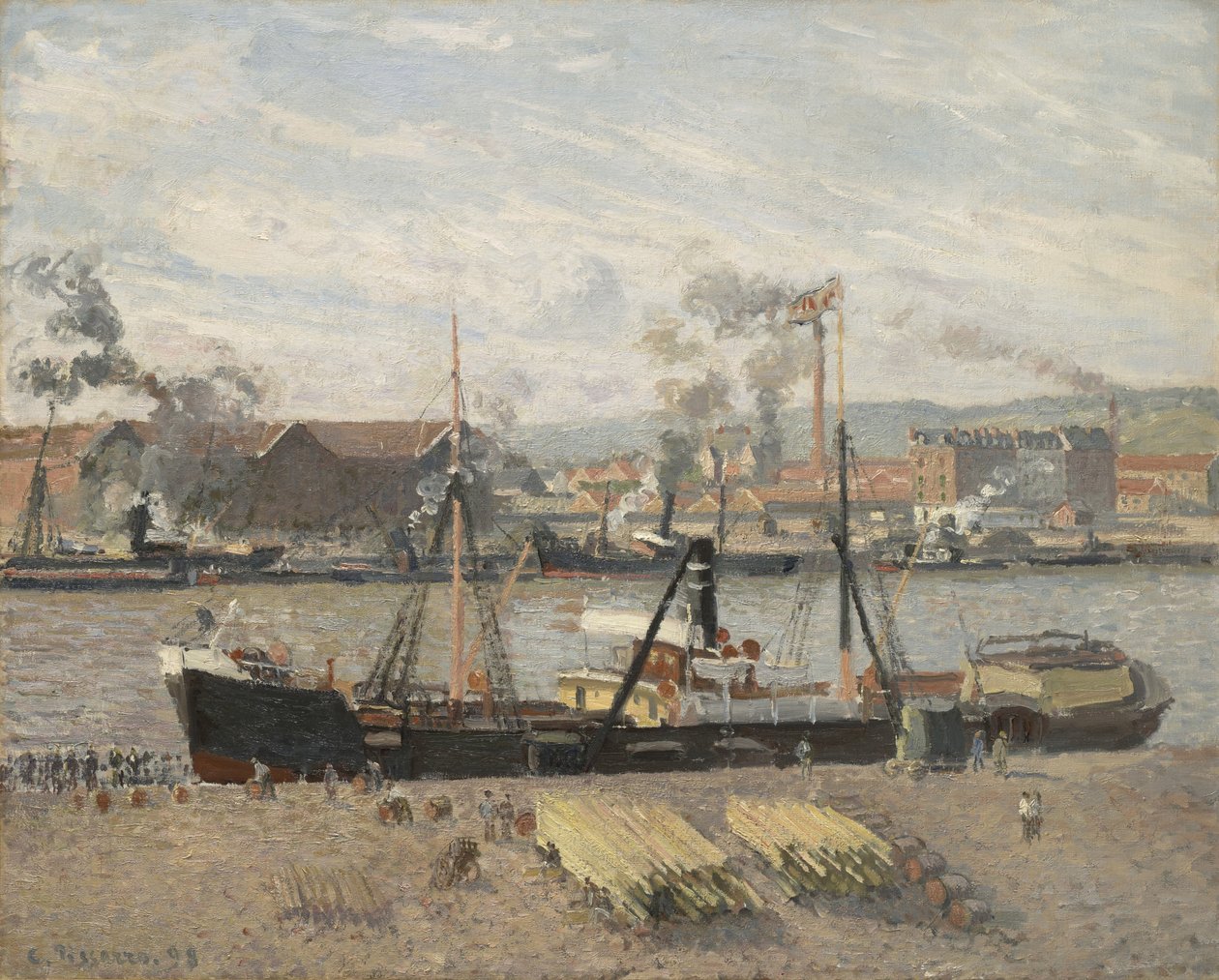 Hamnen i Rouen, lossning av trä, 1898 av Camille Jacob Pissarro