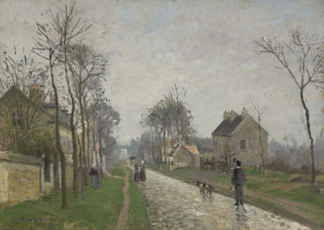 Vägen till Versailles, Louveciennes, Regneffekt, 1870 av Camille Jacob Pissarro