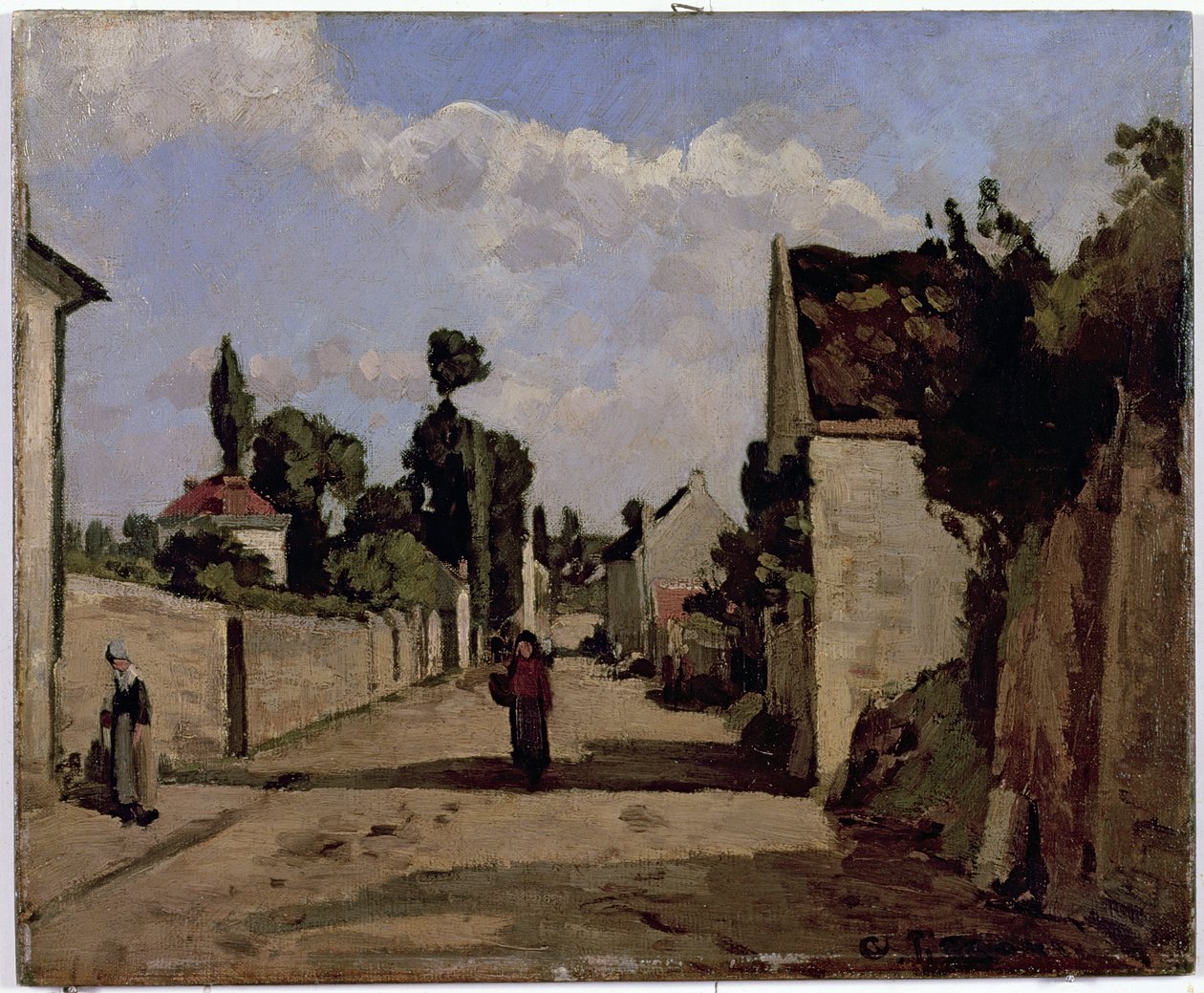 Rue de lHermitage, Pontoise, ca 1867 (olja på duk monterad på panel) av Camille Jacob Pissarro