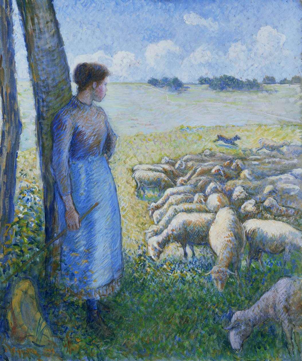 Herdinna och får; Bergere et Moutons, 1887 av Camille Jacob Pissarro