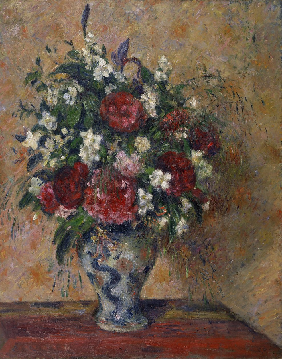 Stilleben med pioner och apelsin, 1872-1877 av Camille Jacob Pissarro