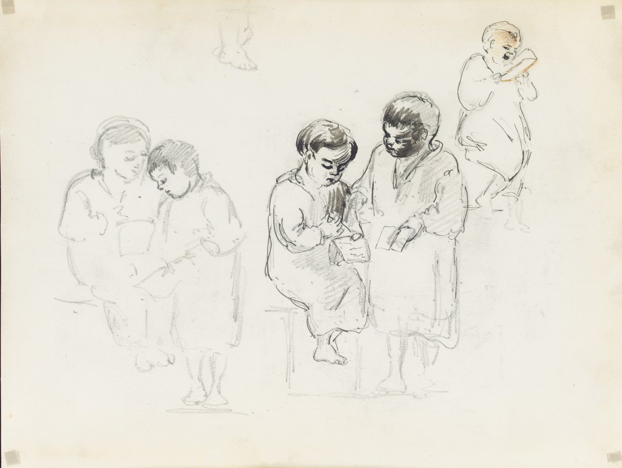 Studier av två barn som läser av Camille Jacob Pissarro