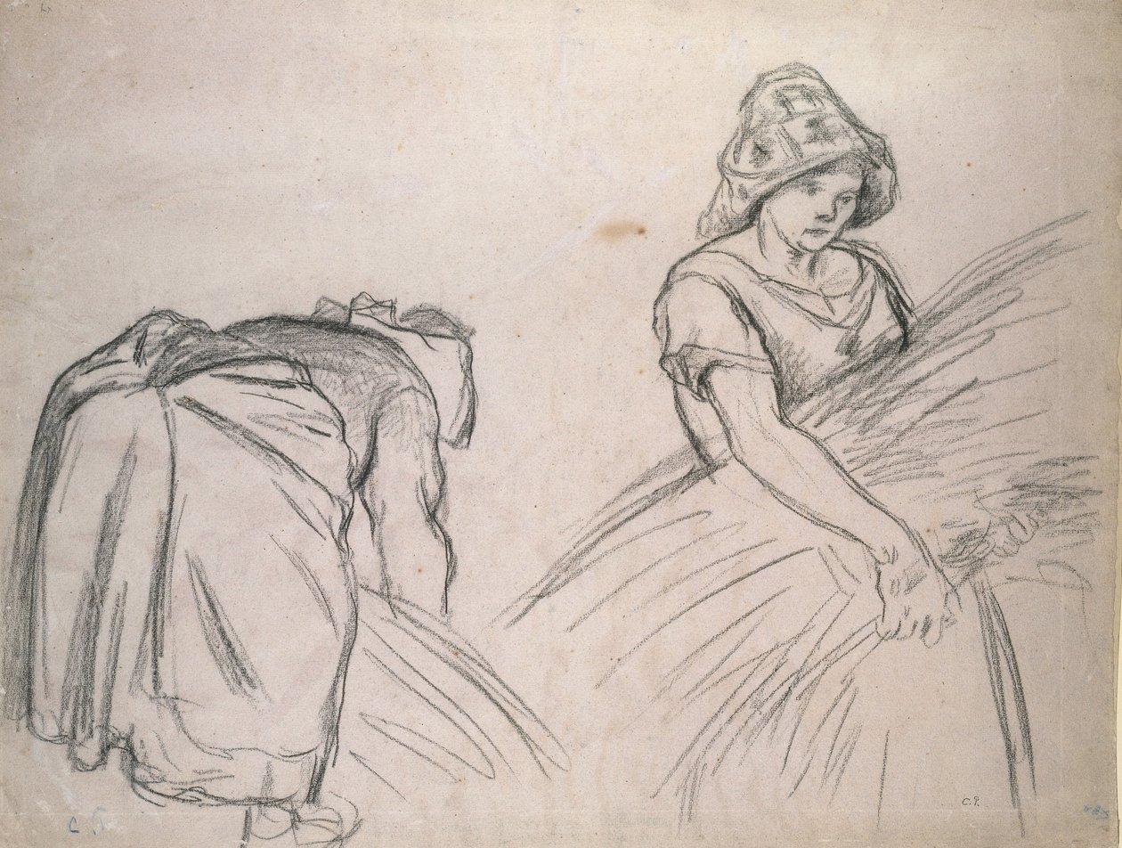Studie av två kvinnliga skördearbetare, 1882 (svart krita på rosa papper med vitt) av Camille Jacob Pissarro