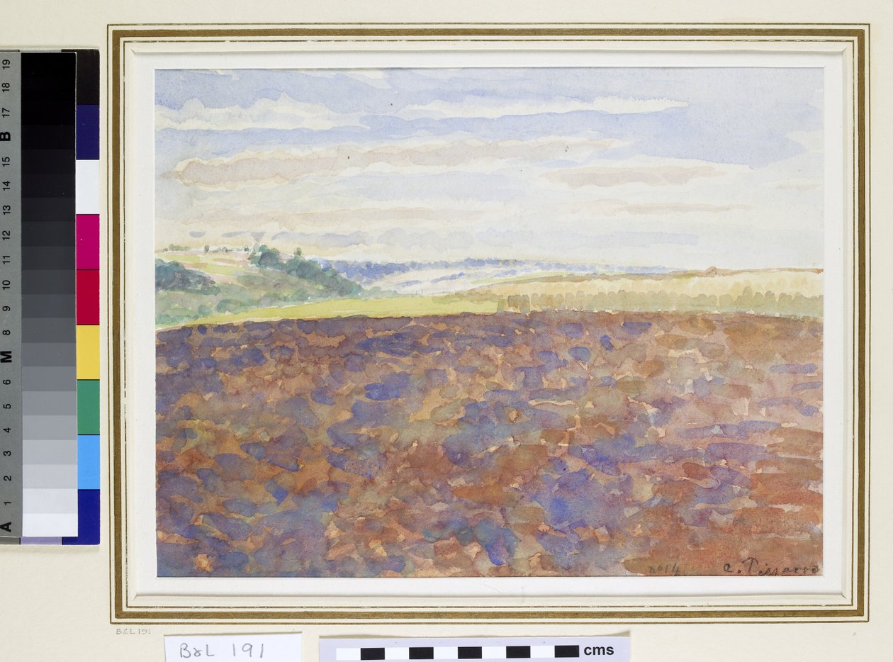 Studie av ett landskap med plöjt fält, Eragny-sur-Epte, c.1887-89 (wc på papper) av Camille Jacob Pissarro