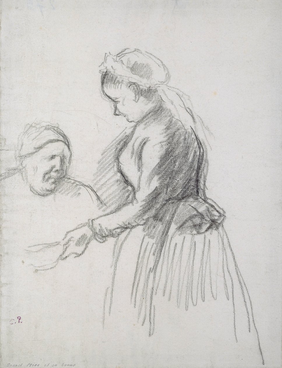 Studie av konstnärens mor med hennes hembiträde (kol på papper) av Camille Jacob Pissarro