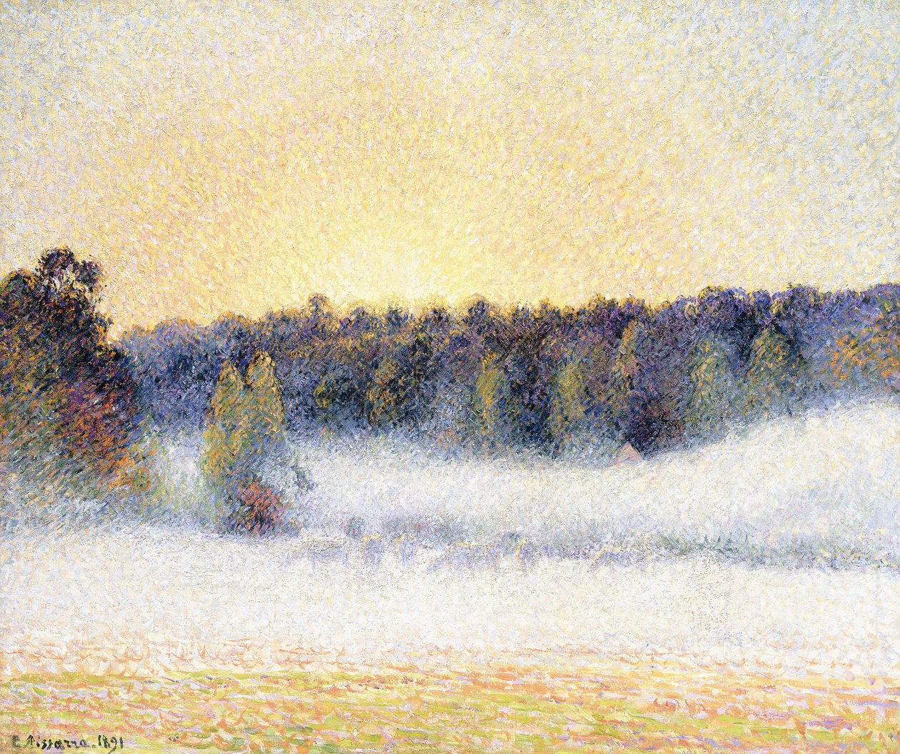 Solnedgång och dimma i Eragny, 1891 av Camille Jacob Pissarro