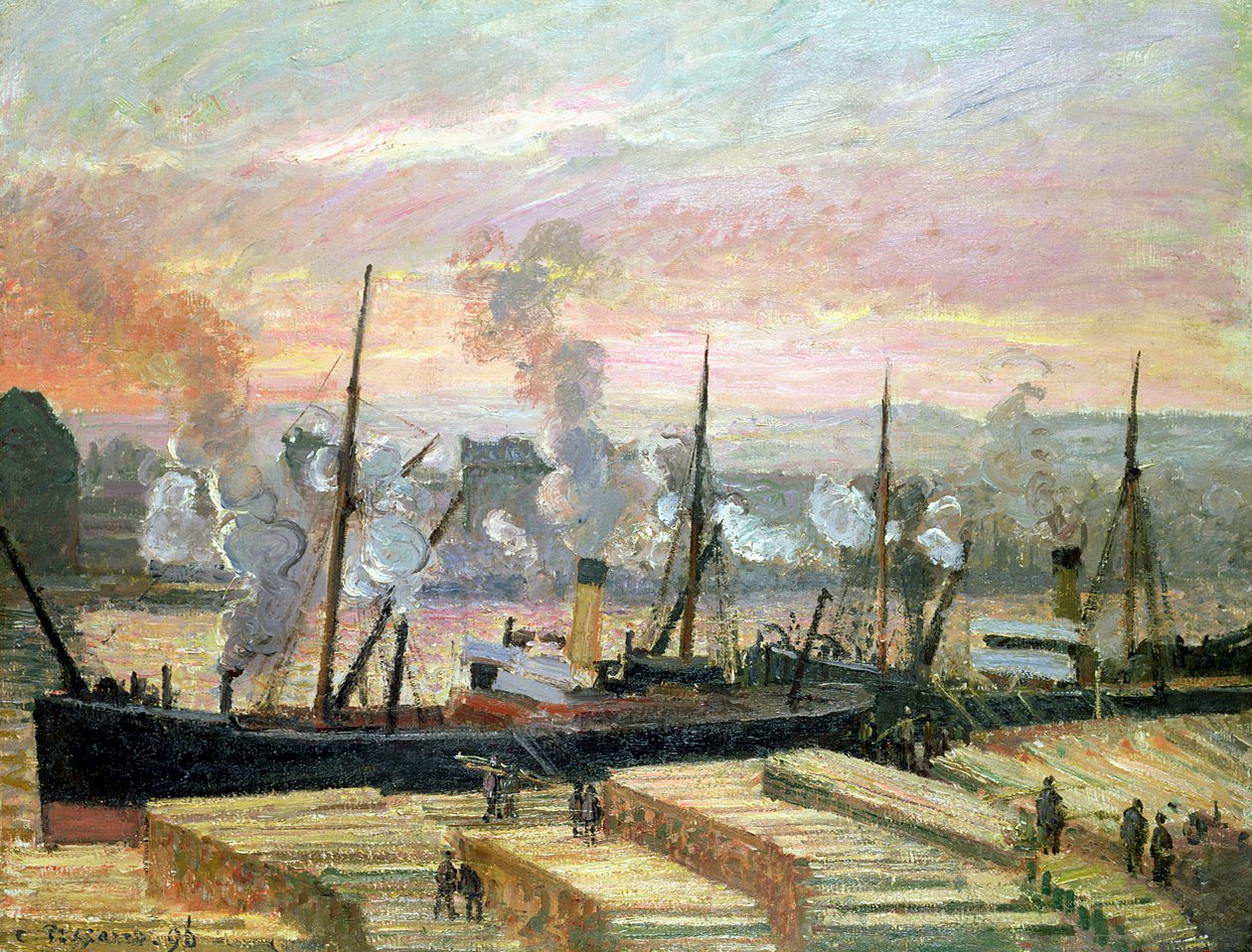 Solnedgång i Rouen, båtar som lossar trä, 1896 av Camille Jacob Pissarro