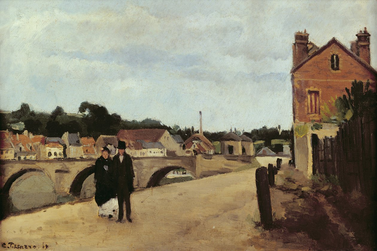 Chemin de lEcluse och Pontoise-bron, 1867 (olja på duk monterad på panel) av Camille Jacob Pissarro