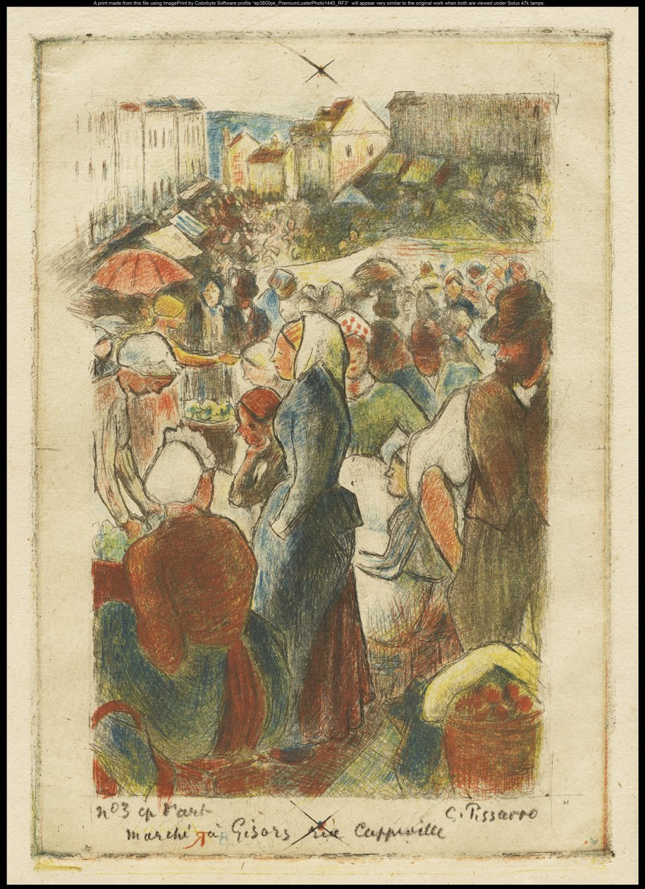 Gisors-marknaden, Rue Cappeville, ca 1894 av Camille Jacob Pissarro