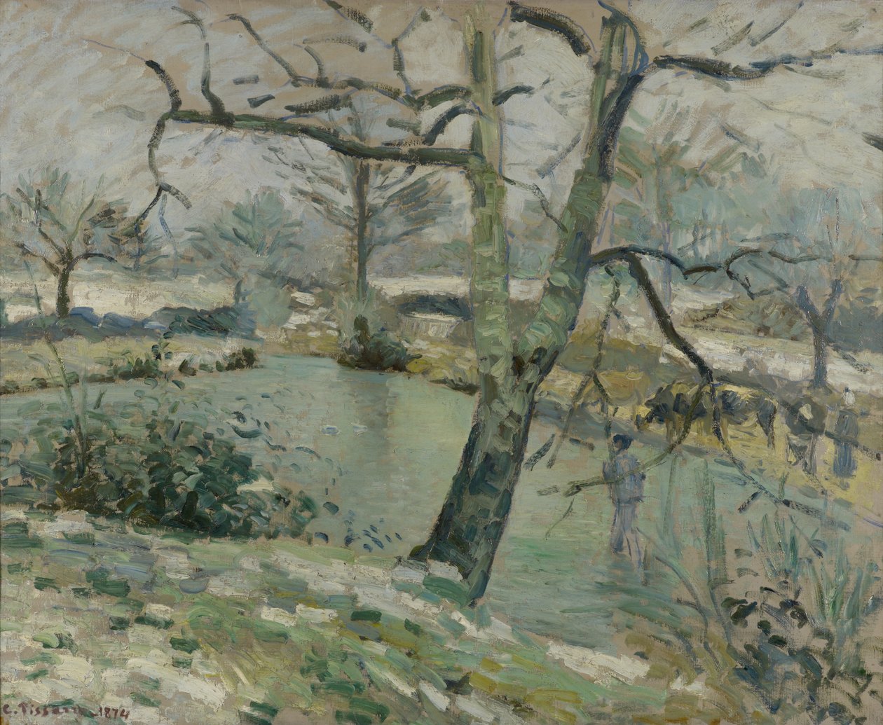 Dammen vid Montfoucault, Vintereffekten, 1874 av Camille Jacob Pissarro