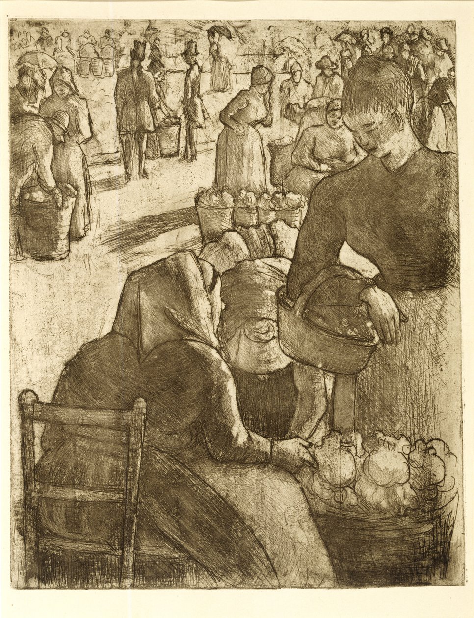 Grönsaksmarknad i Pontoise, 1891 (mjukmald etsning och akvatint) av Camille Jacob Pissarro