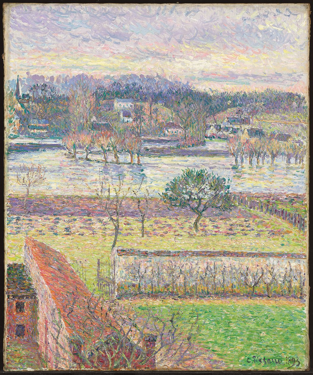 Utsikt från mitt fönster, översvämning, kväll, Eragny; Utsikt från mitt fönster, översvämning, kvällseffekt, Eragny, 1893 av Camille Jacob Pissarro