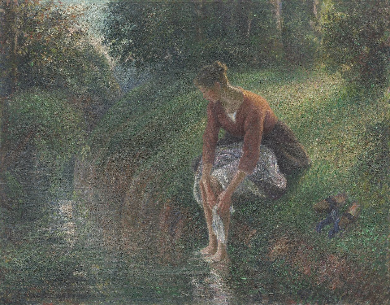 Kvinna som badar sina fötter i en bäck, 1894-95 av Camille Jacob Pissarro