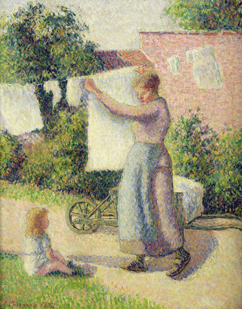 Kvinna som hänger upp tvätten, 1887 av Camille Jacob Pissarro
