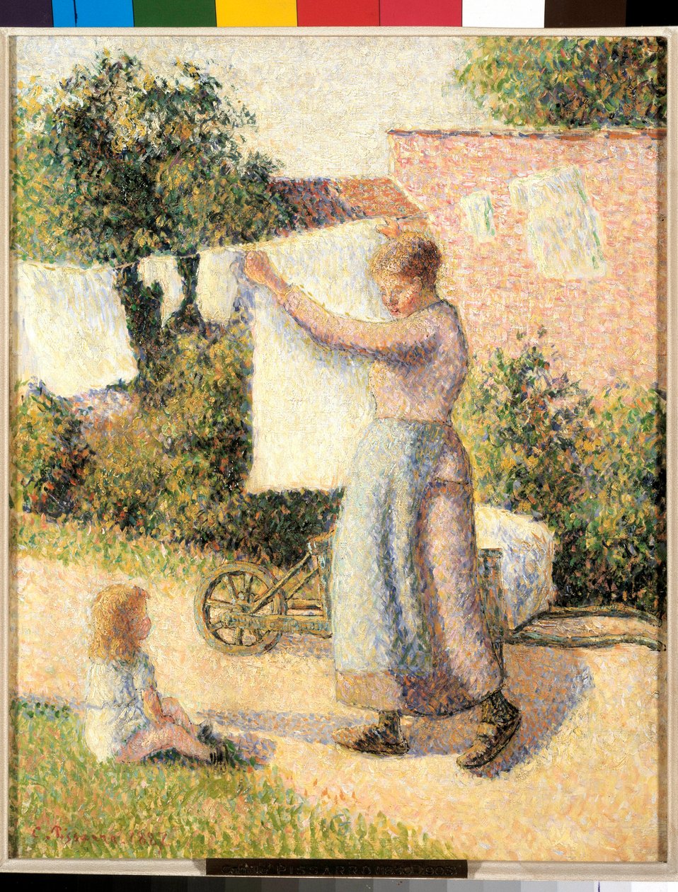 Kvinna sträcker linne Målning av Camille Pissarro (1830-1903) 1887. Dim. 0,41 x 0,32 m Paris, musee d