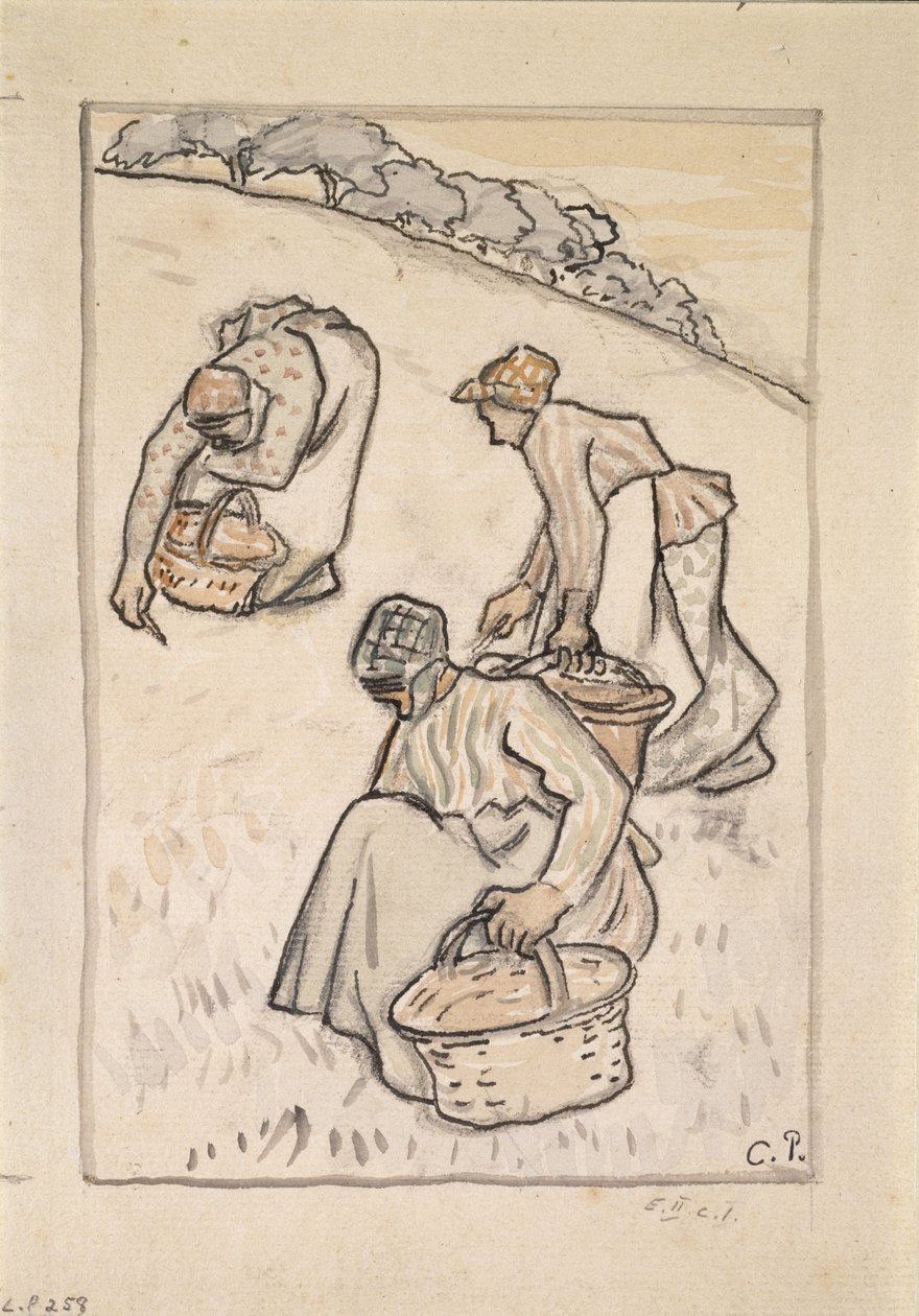 Kvinnor som renar gräset (penna och bläck med wc över kol på papper) av Camille Jacob Pissarro