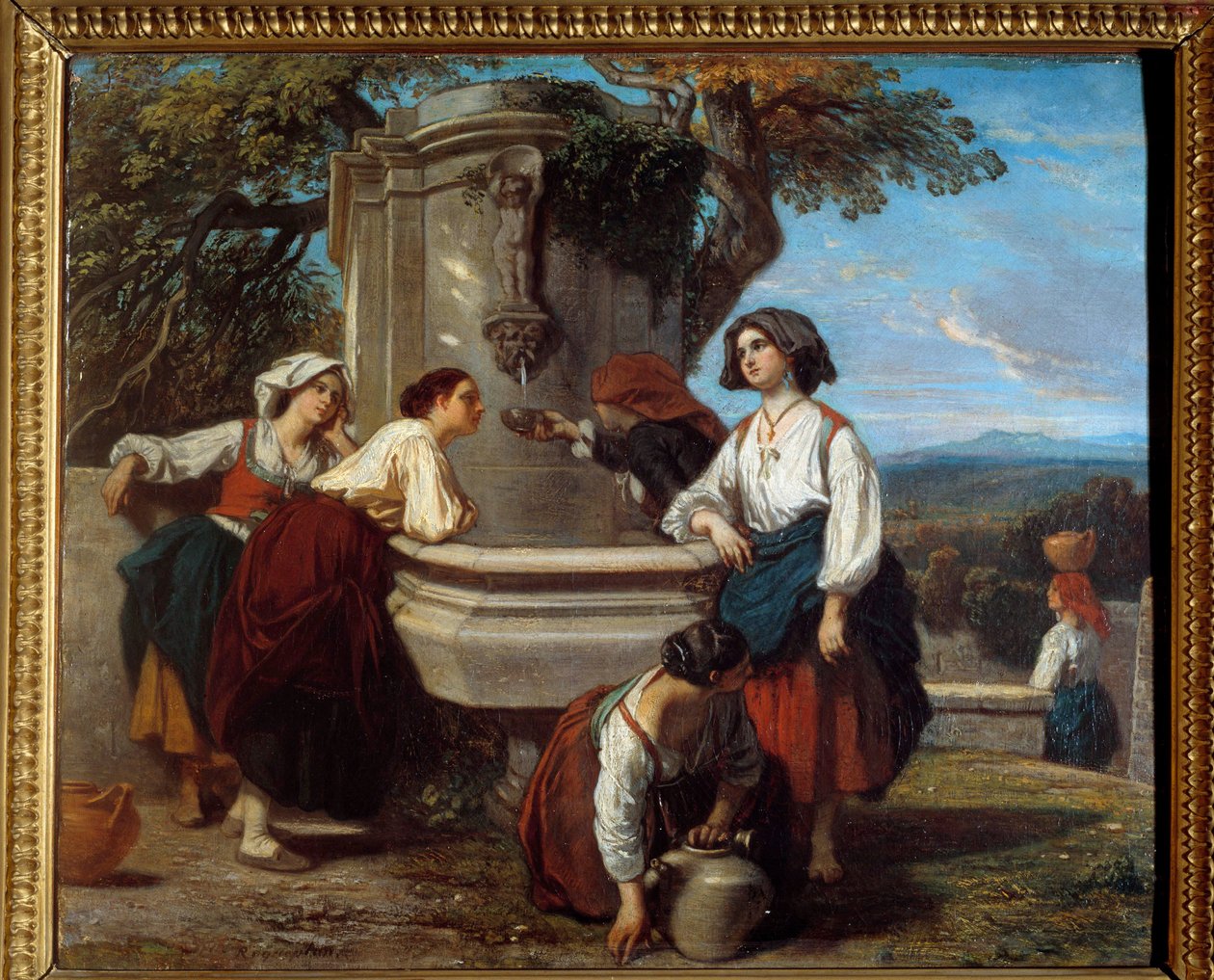 Ossaloises vid fontänen Bönder från Ossaudalen träffas för att diskutera vid fontänen. Målning av Camille Roqueplan (1803-1855) av Camille Joseph Etienne Roqueplan