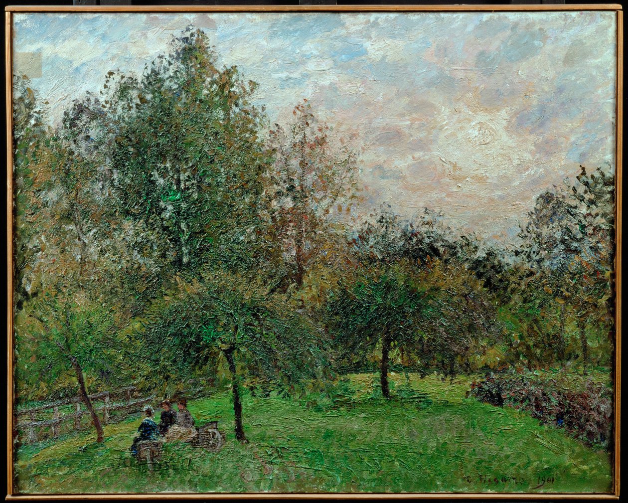Äppelträd och popplar i en solnedgång av Camille Pissarro