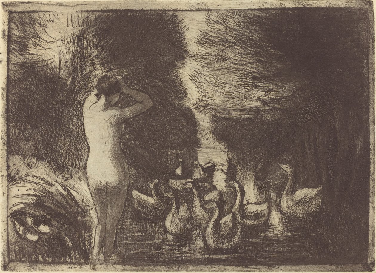 Gässbadare (badare med gäss) av Camille Pissarro