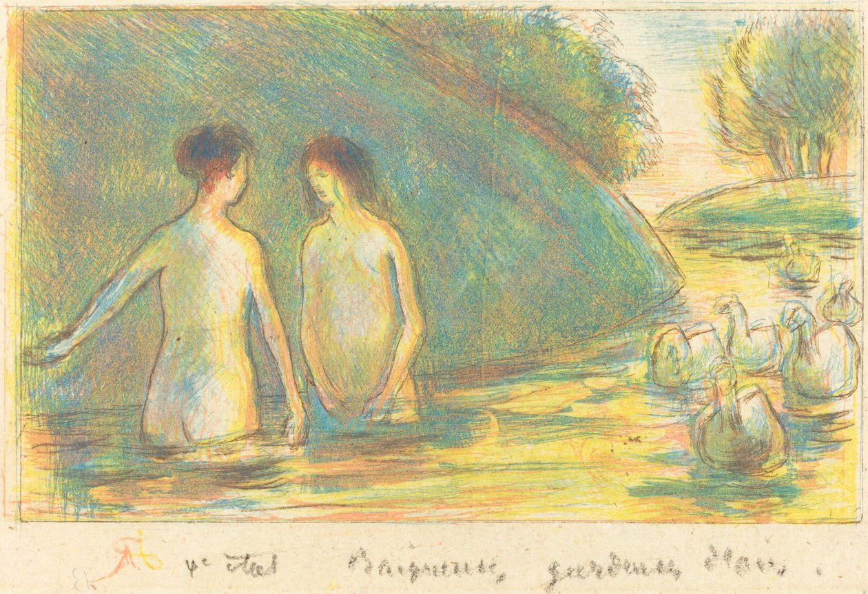 Badande, gåsskötare Badande som sköter gäss, ca. 1895. av Camille Pissarro