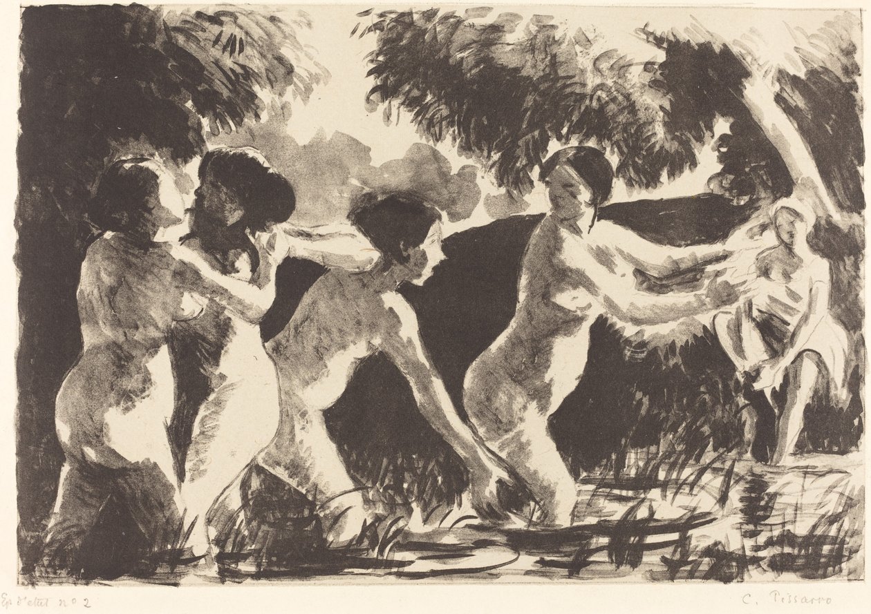 Badande brottning (Baigneuses luttants) av Camille Pissarro
