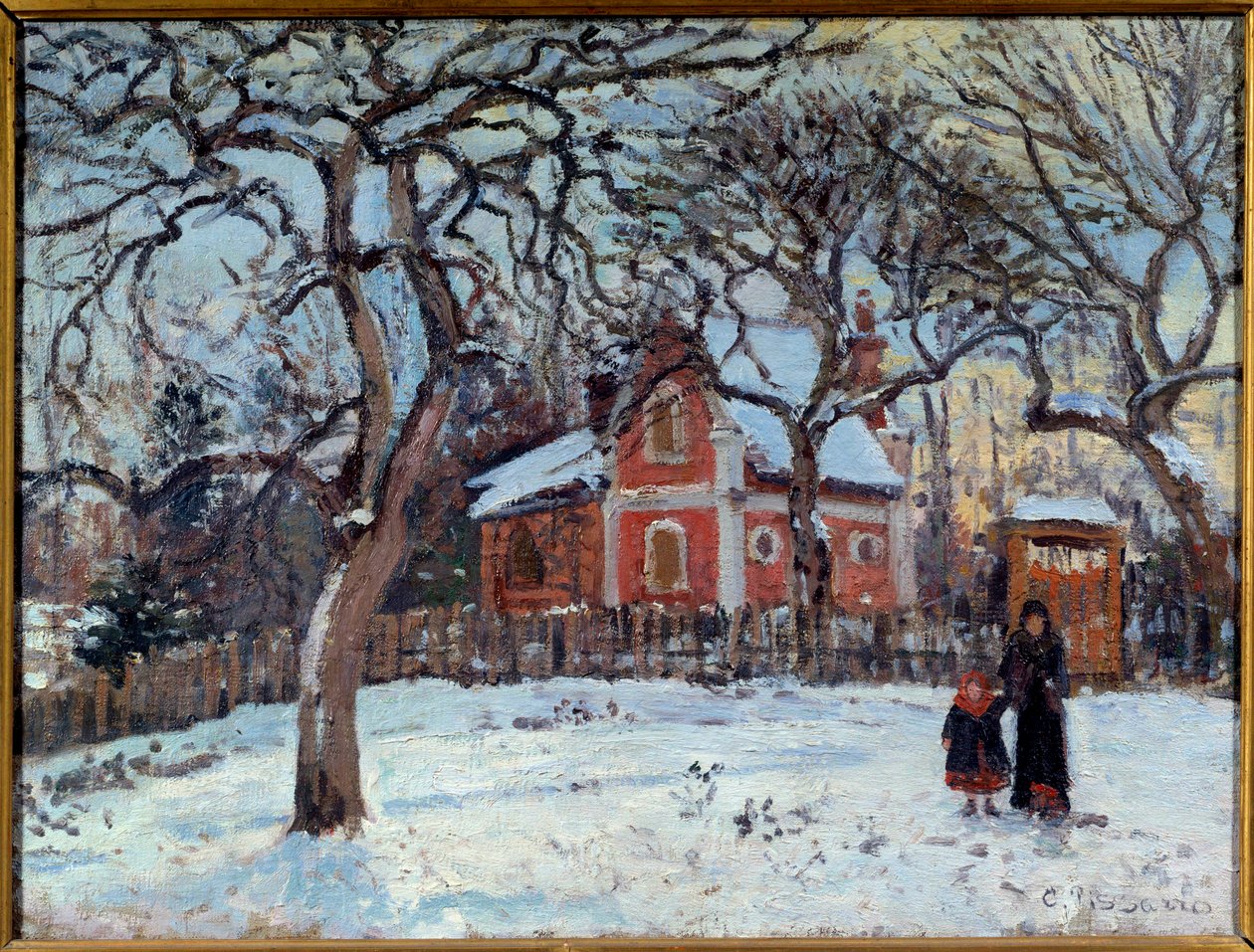 Kastanj och Louveciennes landskap i snö. Målning av Camille Pissarro (1830-1903) 1872 sön. 0,41x0,52 m Paris, musee d