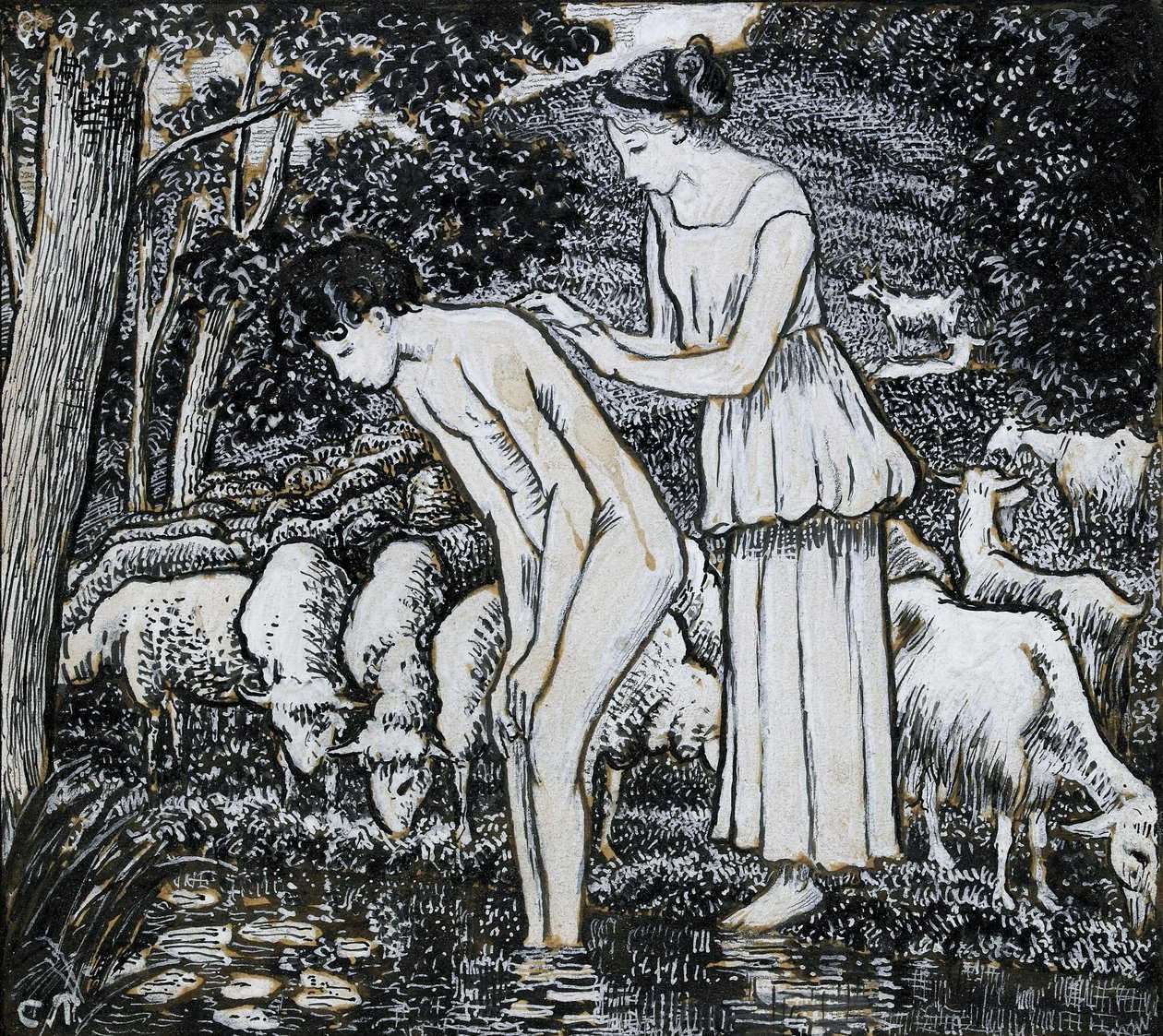 Chloë tvättar Daphnis vid en bäck, kompositionsstudie för en illustration, c1895 av Camille Pissarro