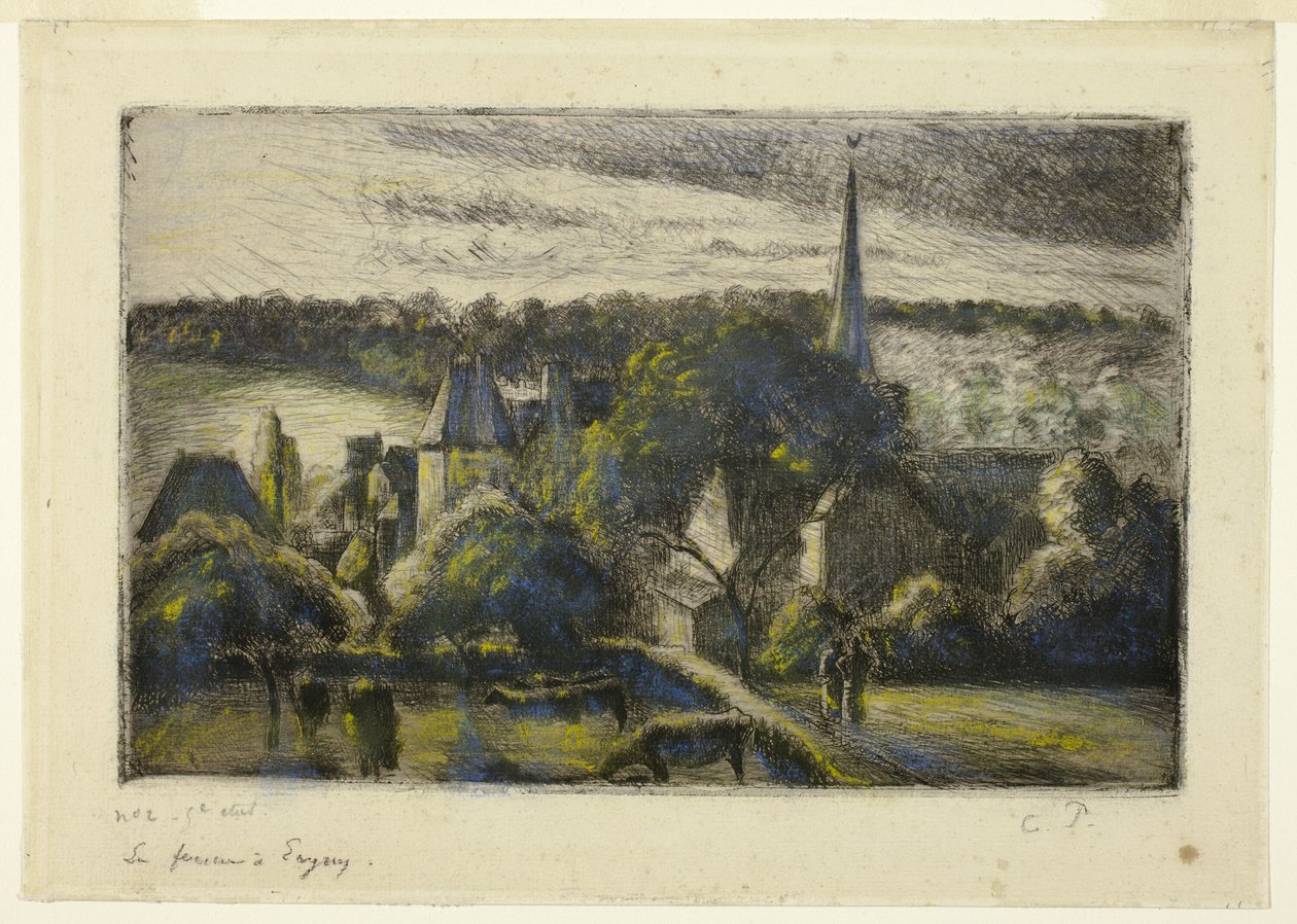 Kyrka och gård i Éragny av Camille Pissarro