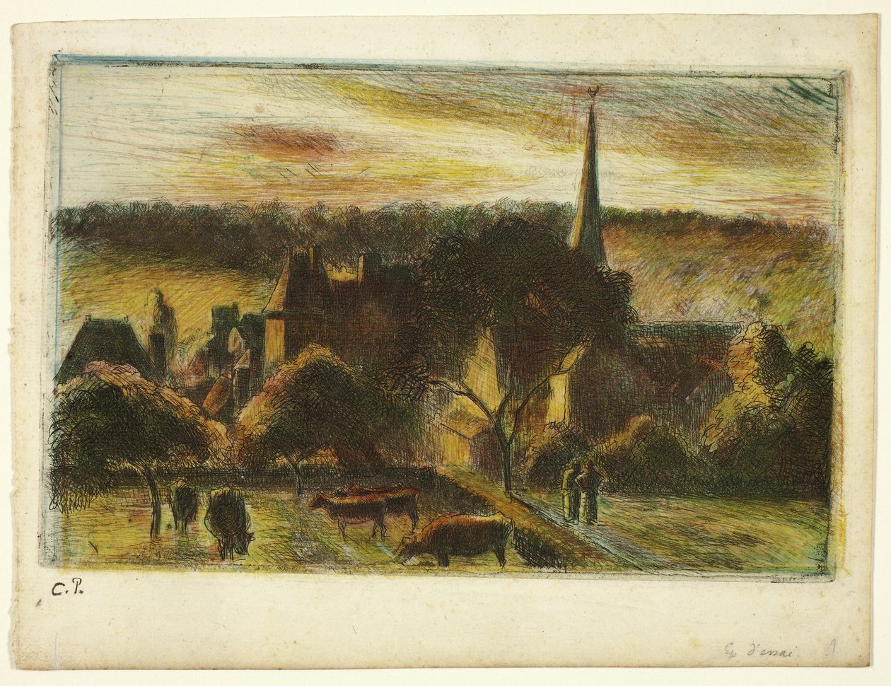 Kyrka och gård vid Éragny av Camille Pissarro