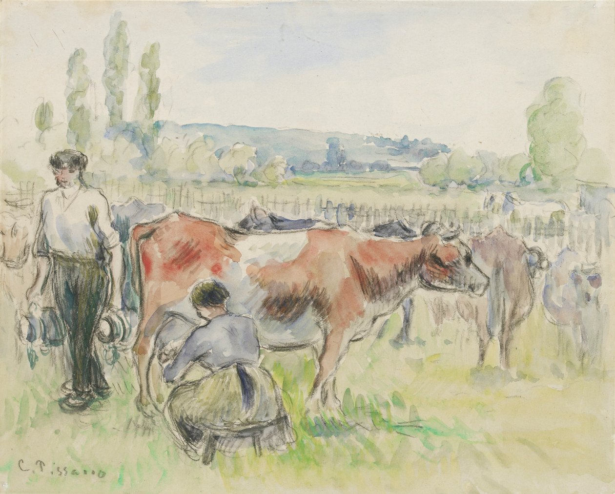 Kompositionsstudie av en mjölkningsscen i Eragny-sur-Epte, 1884 av Camille Pissarro