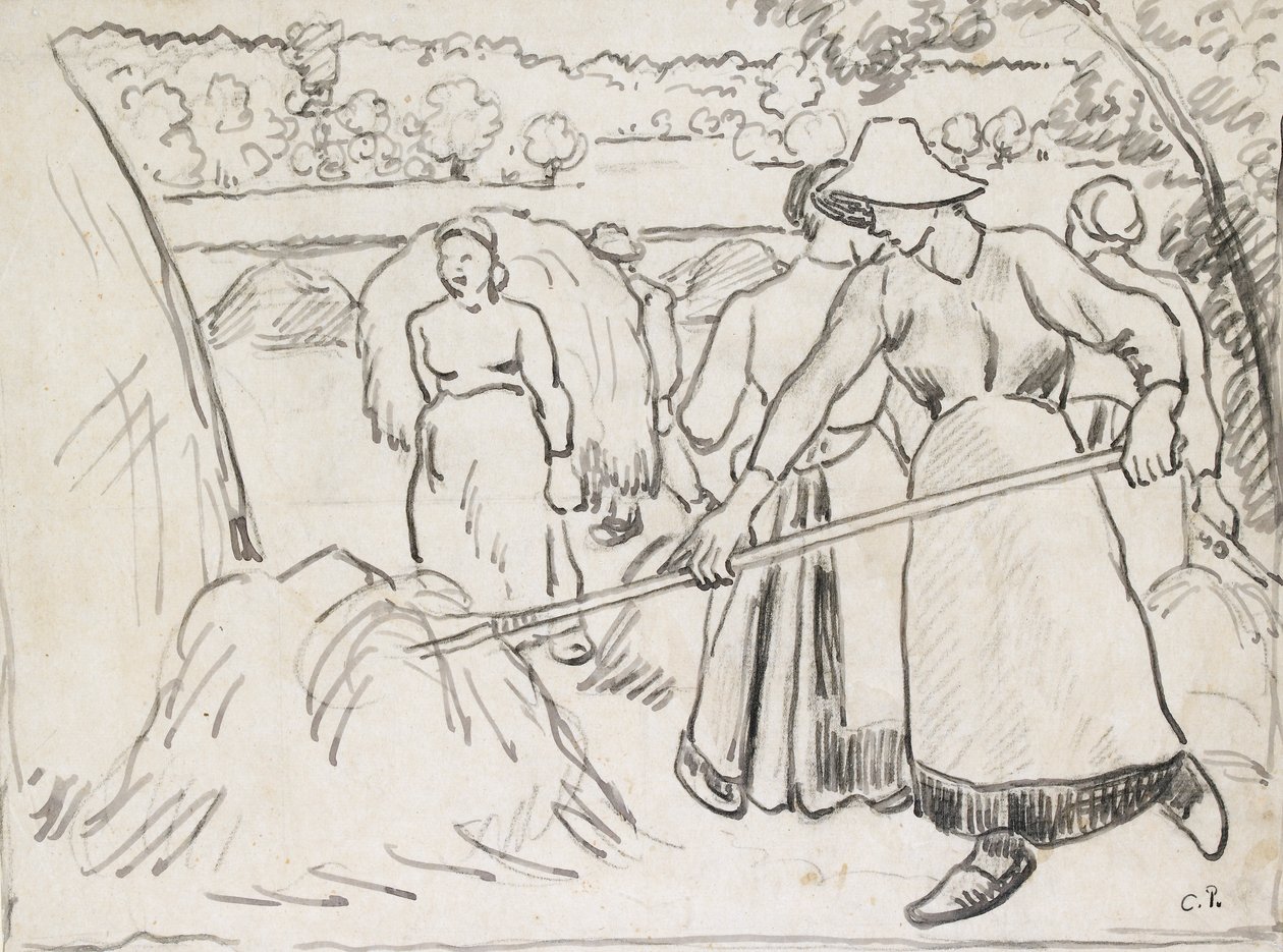 Kompositionsstudie av skördare i ett landskap, c1893 av Camille Pissarro