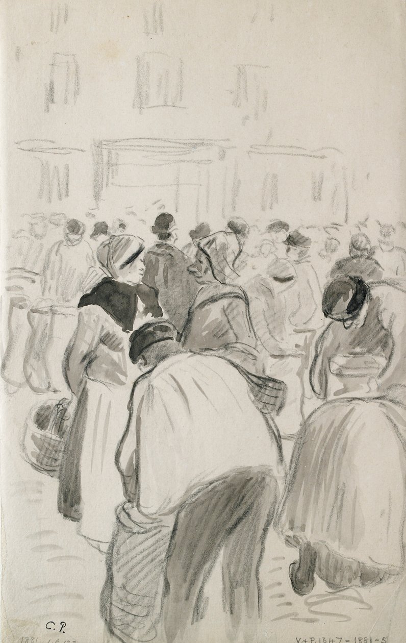 Kompositionsstudie av marknaden i Pontoise, 1881 av Camille Pissarro