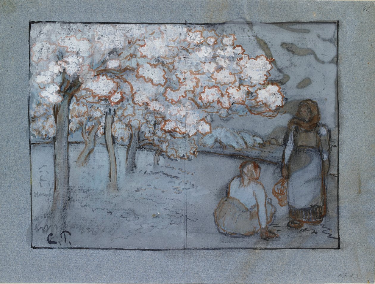 Kompositionsstudie av två kvinnliga bönder som samtalar i en fruktträdgård, c1894 av Camille Pissarro
