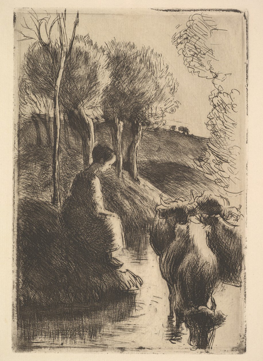 Cowherd, vid Waters Edge, 1890. av Camille Jacob Pissarro