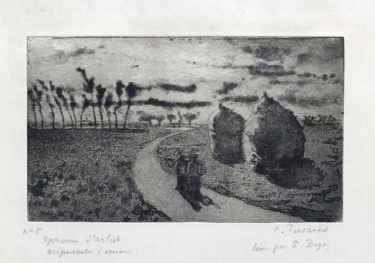 Skymning med höstackar, 1879 av Camille Pissarro