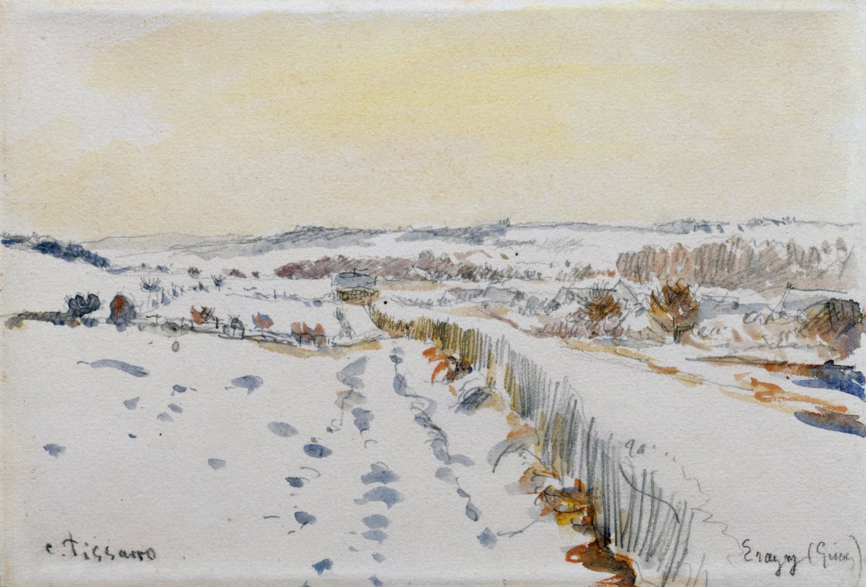 Eragny under snö av Camille Pissarro