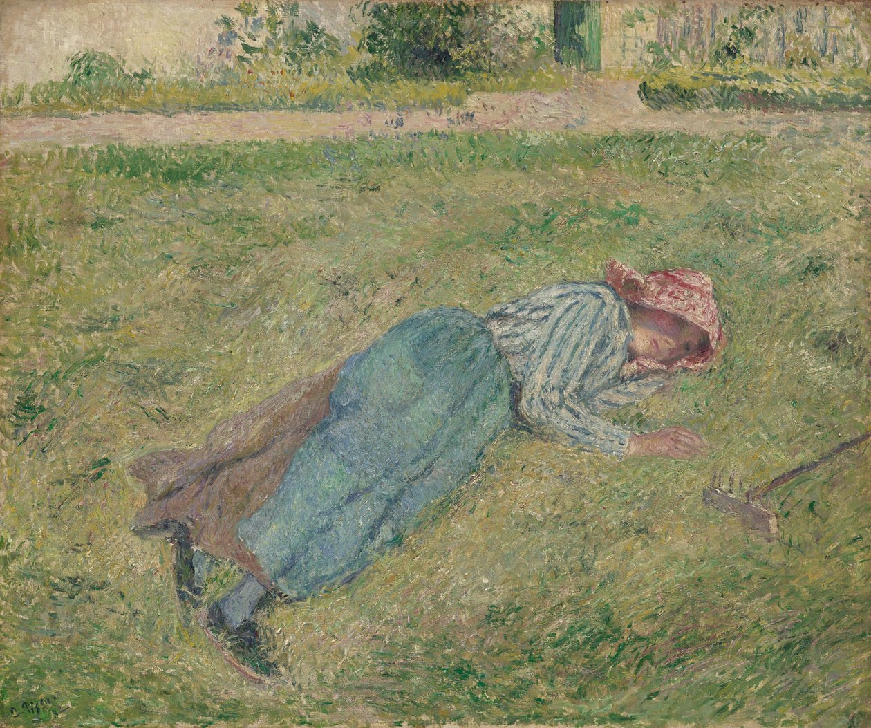 Flicka liggande i gräset av Camille Pissarro