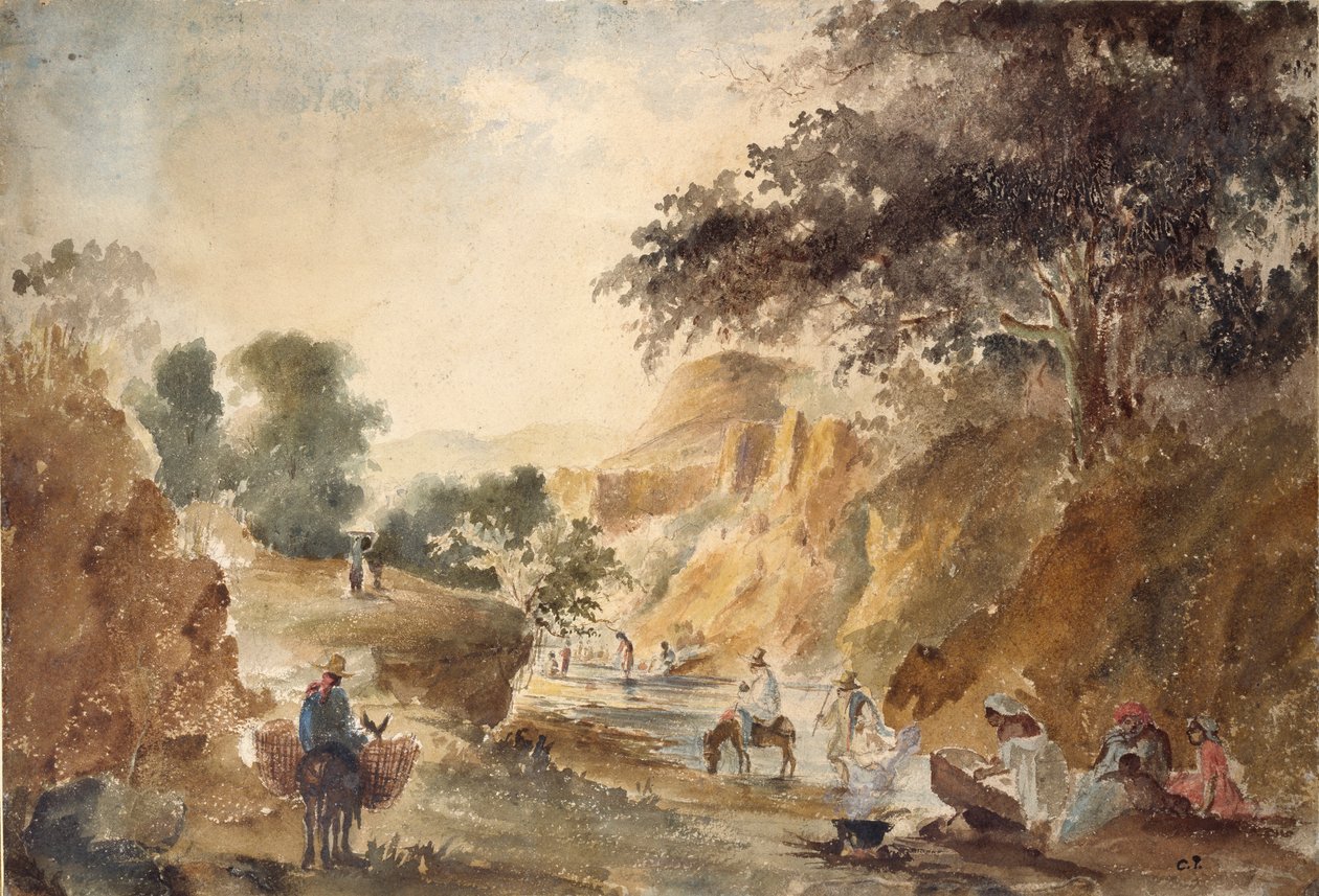 Landskap med figurer vid en flod, 1853-1854 av Camille Pissarro