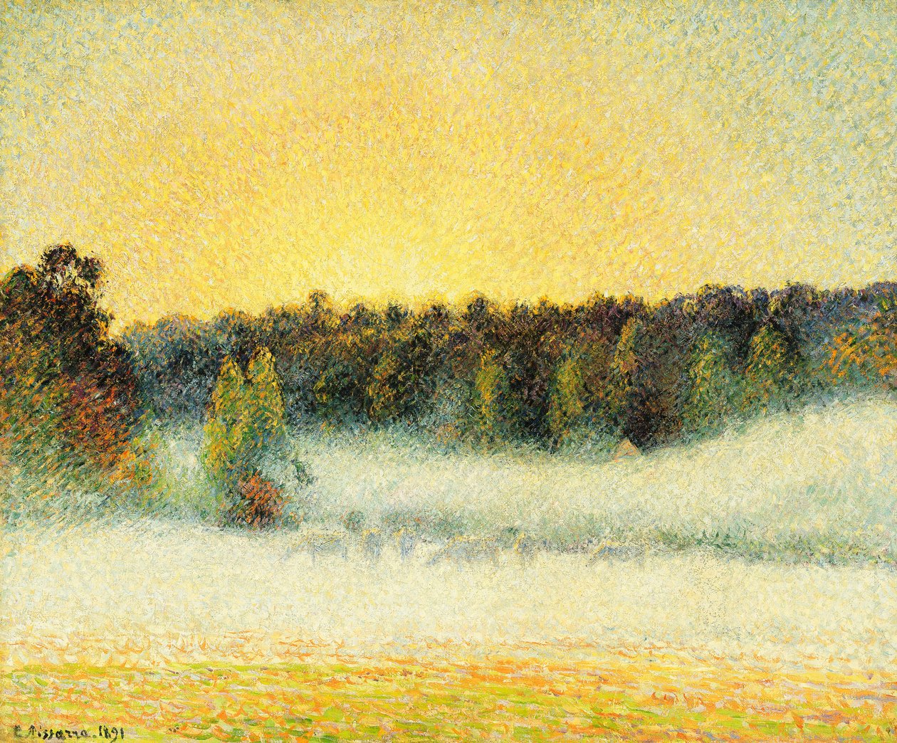Dimmig solnedgång vid Eragny av Camille Jacob Pissarro