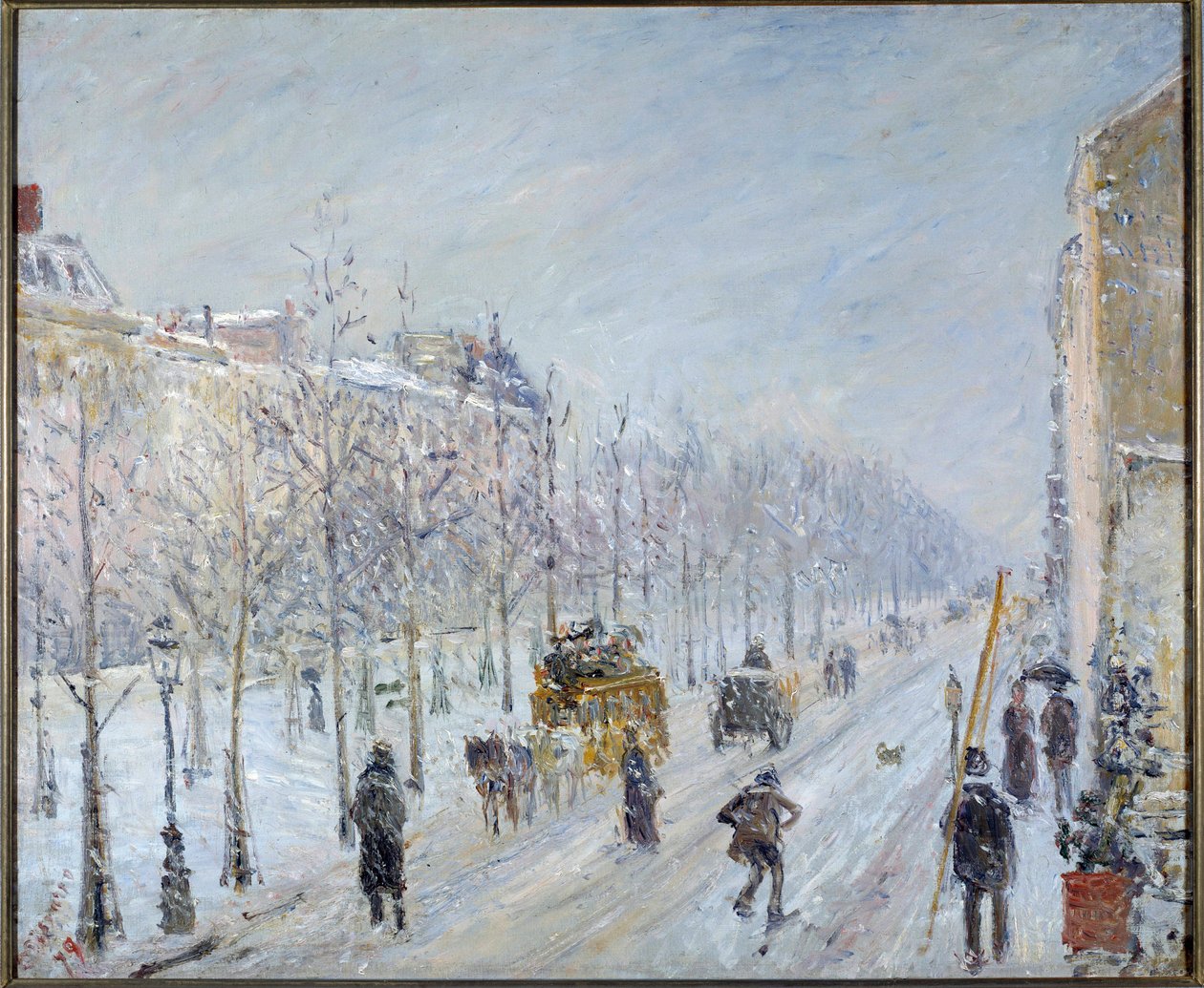 Parisian Boulevard med snö av Camille Pissarro