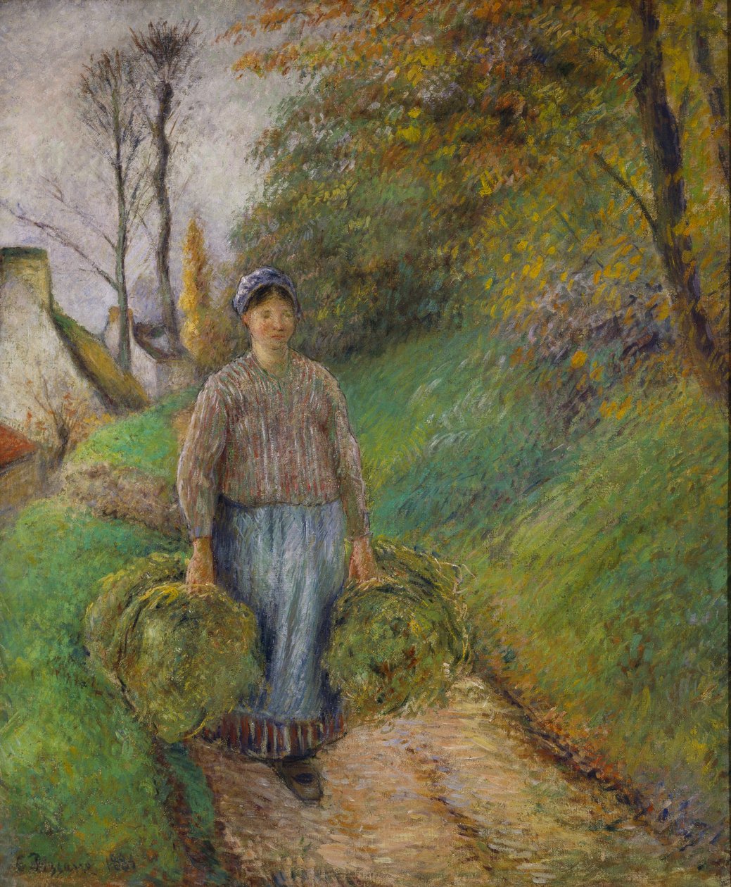 Bondekvinna som bär två buntar hö av Camille Jacob Pissarro