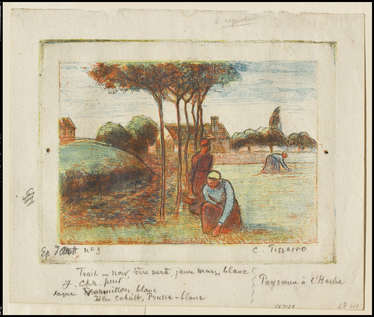 Bondkvinnor som ogräs i gräset, ca 1894 (etsning tryckt i blått, rött, gult och svart på krämigt papper) av Camille Jacob Pissarro