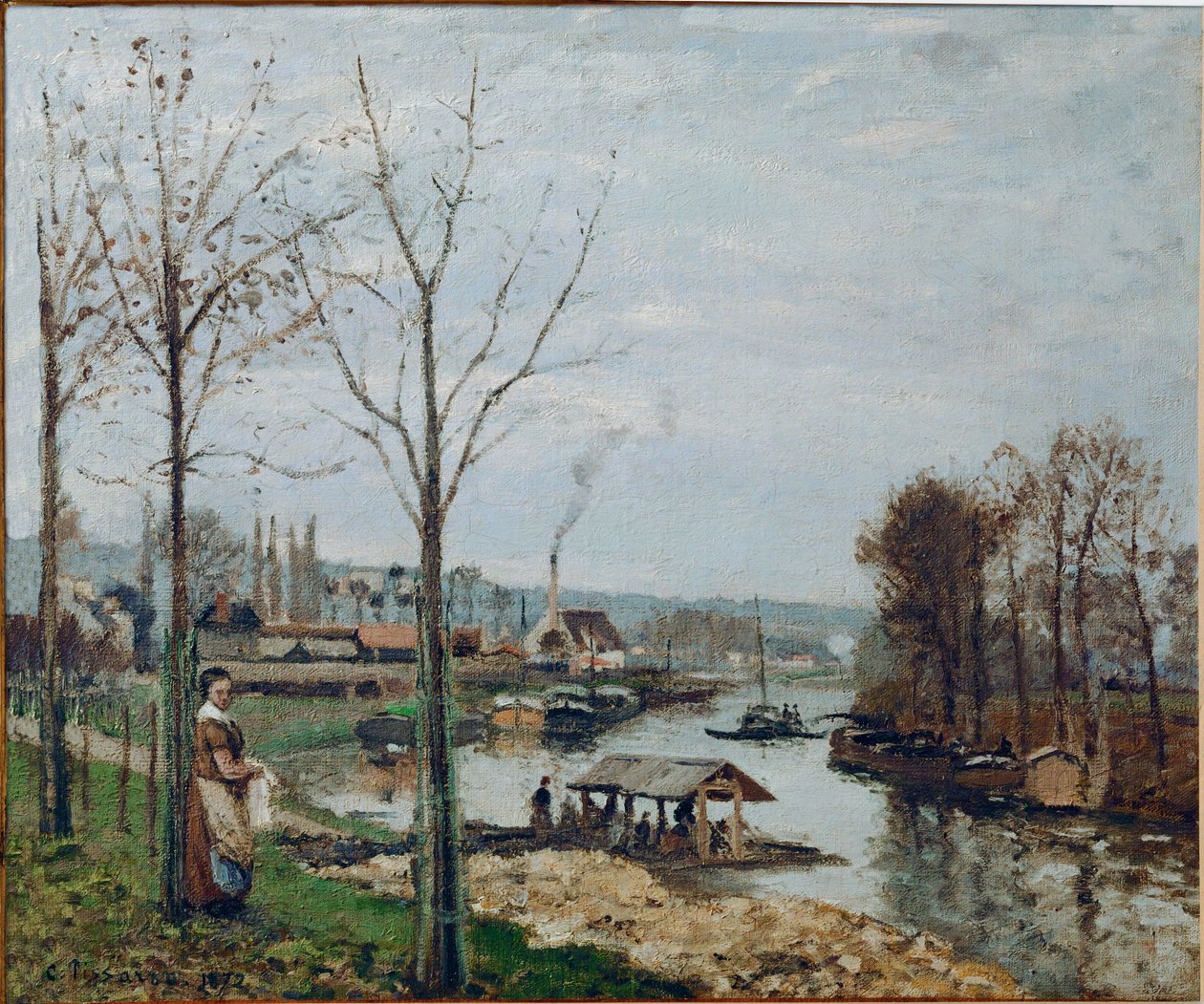 Port-Marly, tvättstugan (olja på duk) av Camille Pissarro