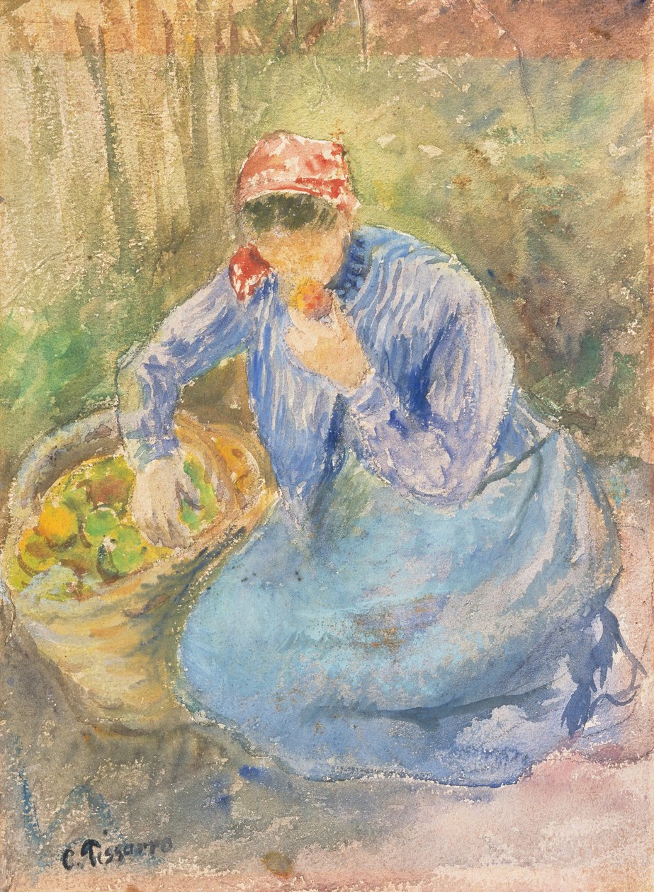 Sittande bondkvinna med en korg med äpplen (akvarell) av Camille Pissarro