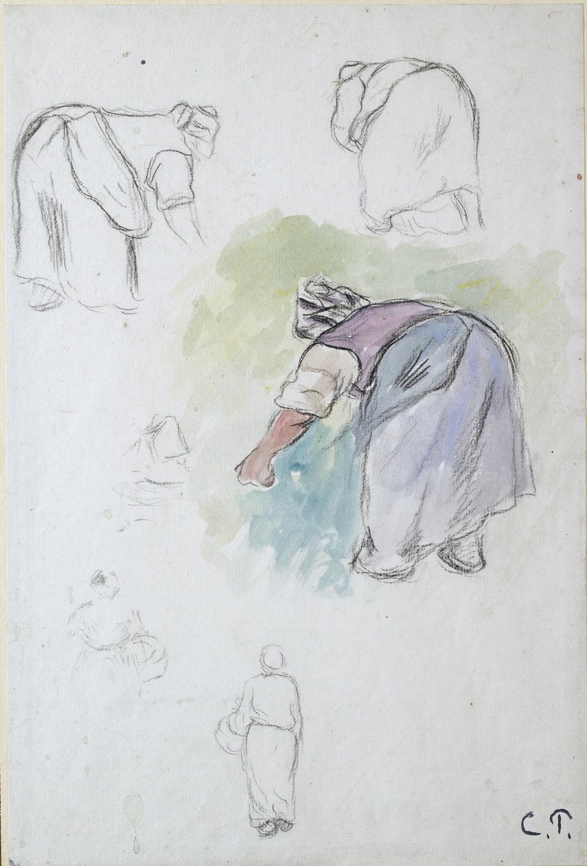 Studieark: fyra studier av en kvinnlig bonde som böjer sig och två studier av en kvinna som håller en bas av Camille Pissarro