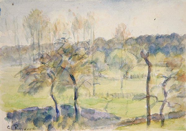 Vår (akvarell över svart krita på papper) av Camille Pissarro