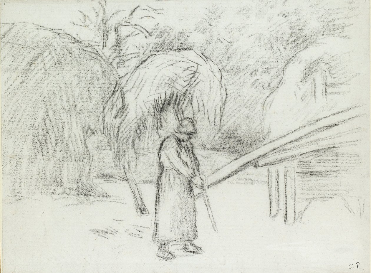 Studie av en kvinnlig bonde som bär ett lass hö på gården vid Foucault, c1875 av Camille Pissarro